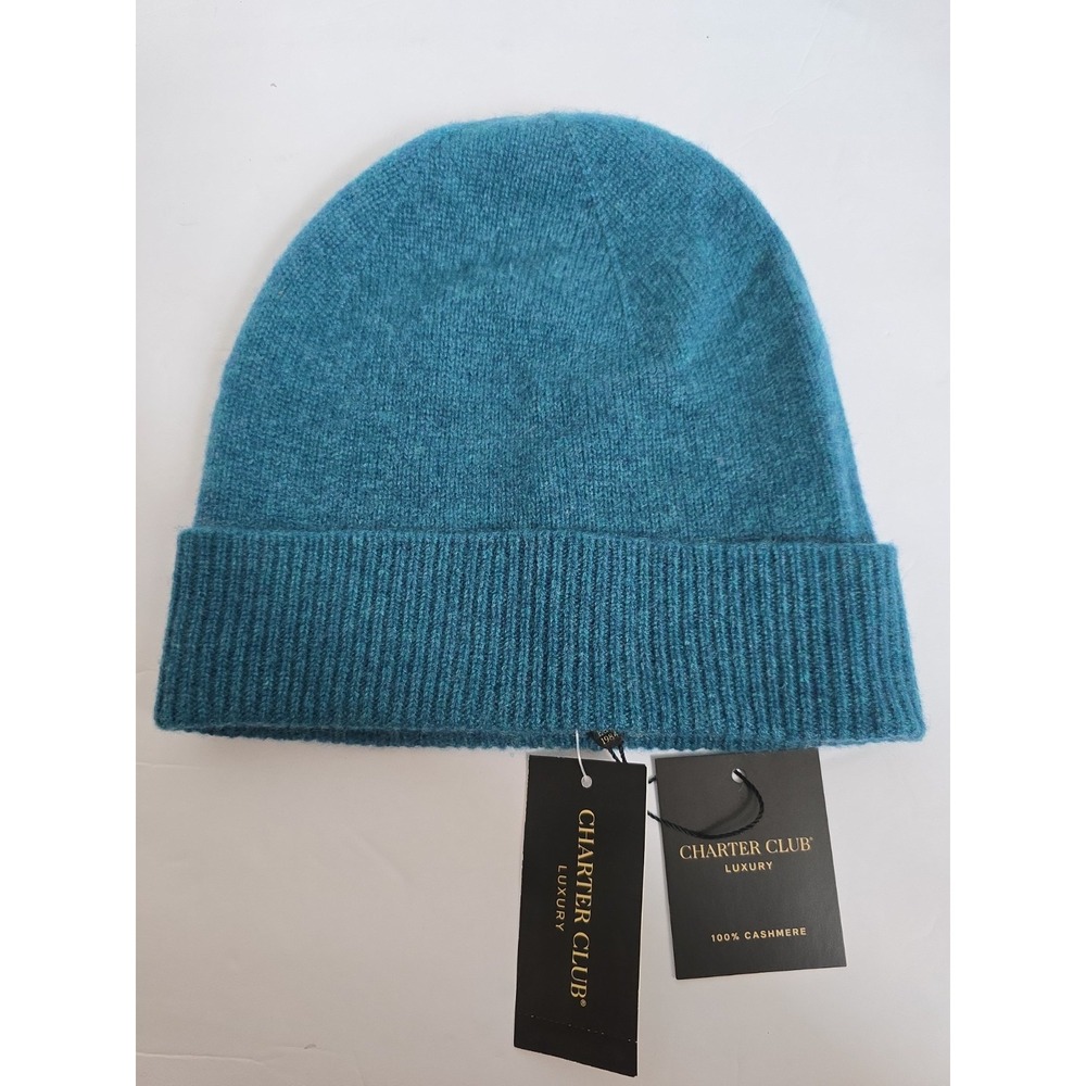 Charter Club Luxury 100% Cashmere Cuffed Beanie in Blue Opal Heather Hat NWT
